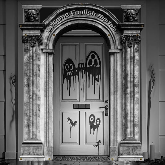 TEASIK Haunted Mansion Halloween Banner – 7.3ft x 5.7ft Arched Polyester Hanging Decor for Door, Wall, Porch – Gothic Welcome Foolish Mortals Indoor/Outdoor Party Decorations