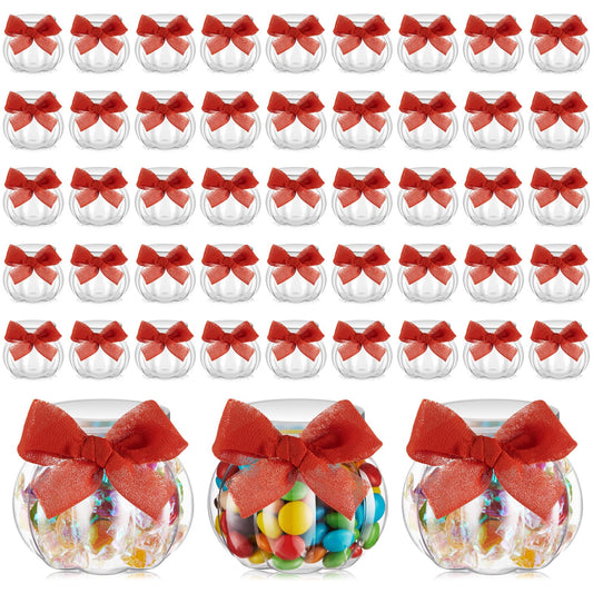 Mimorou 48 Pcs Pumpkin Jar Bulk Plastic Thanksgiving Pumpkin Candy Jars with Bow Ribbon 8 oz/ 250 ml Clear Small Candy Bowl with Lids Snack Storage for Thanksgiving Home Wedding Party