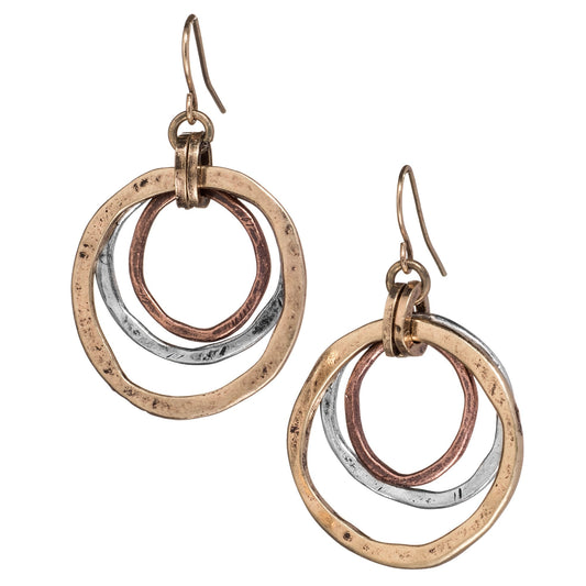 Handmade Sunrise Earrings – Cape Cod USA Award-Winning Artist Judith Stiles – Lightweight Mixed Metal Dangle Earrings – Hammered Brass, Copper & Silver Tone Circles – Coastal Beach Jewelry, Boho Style with a Yoga Heart – A Great Gift for Women