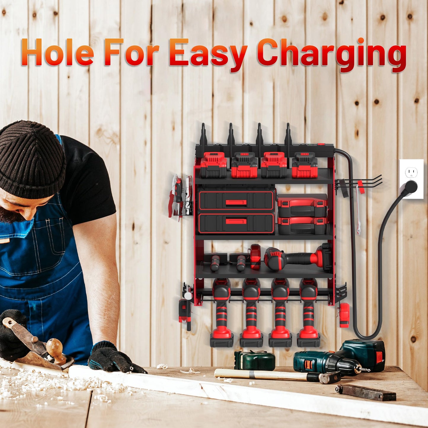 Power Tool Organizer Wall Mount with Charging Station, Garage 4 Drill Storage Shelf with Cordless Tool Holder, Heavy Duty Rack with 8 Outlet Power Strips and Hooks, Gift for Men, Husband (4 Layer)