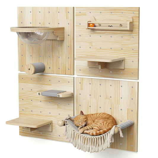 Ardilla & Co. Cat Wall Furniture – Wall-Mounted Modular Wooden Boards with 7 Moveable Accessories, Cat Wall Shelves, Hammock, Climber Steps, Perches, Walkways, Toy & Acrylic Bowl!