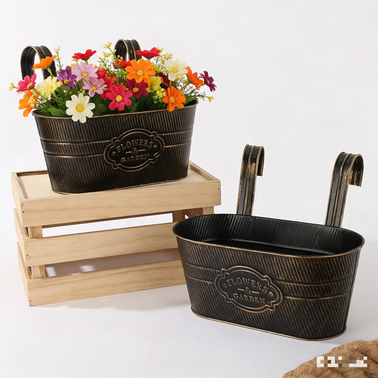 Vintage Metal Hanging Flower Pot with Detachable Hooks, Oval Bucket Planter for Balcony Railing, Fence, Patio, Garden Decor, Black and White Finish, 2 Sets (2, Black)