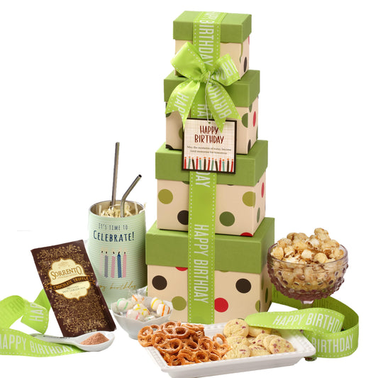 Broadway Basketeers Birthday Gift Tower Box for Men with 16oz Insulated Mug – Snack Tower Box with Savory Gourmet Snacks, Cookies, Nuts, Chocolate & Popcorn – Thoughtful Birthday Gift for Him or Dad