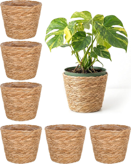 EYUNSTAR 6 Pack Seagrass Planter Basket for Indoor Plants, 7 Inch Woven Plant Pot Cover with Leak-Proof Liner, Rustic Boho Flower Container for Home Decor, Organizing, and Concealing Nursery Pots