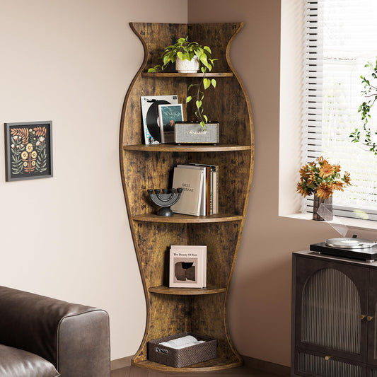 Nivisre Small Corner Shelf, 5-Tier Vase-Shaped Bookshelf Organizer for Living Room Decor, Bedroom, and Office, Modern Freestanding Corner Bookcase for Storage and Display, Vases Home Decor Accent