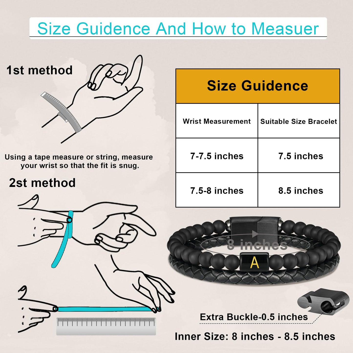 Mens Leather Bracelet with Initial - Men Gift Matte Agate Bead Magnetic Clasp Black Leather Bracelets Mens Gifts Men Bracelets with Initial Y Bracelet for Men's Jewelry Men's Gifts for Dad Husband Him