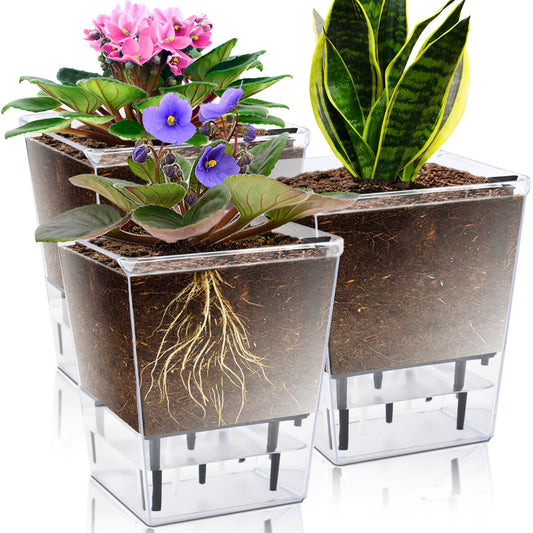 IWNTWY Self Watering Pots Set, 3 Pack 5 Inch for Indoor Plants, Clear Nursery Planter With Deep Reservoir for Spider Plant, Orchid, African Violet