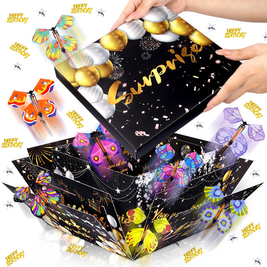 FVNPIHAM Surprise Gift Box Explosion, Birthday Flying Butterfly Explosion Gift Box with 8 Colorful Butterfly Sequins Raffia, Exploding Gifts Boxs for Birthday Gifts Wrapping