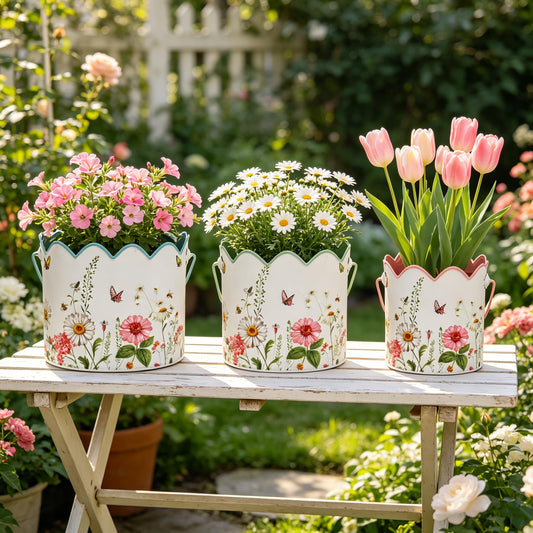 3-Piece Vintage Floral Metal Bucket Set, Scalloped Edge Multi-Size Planters for Flowers & Easter Egg Containers, Rustic Garden & Home Decor with Reinforced Metal Handles, Indoor & Covered Outdoor Use