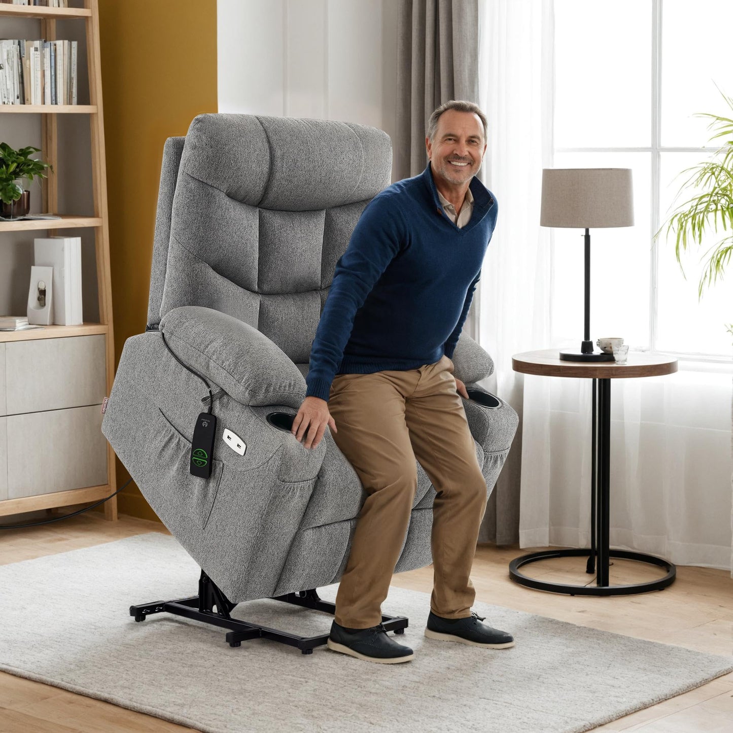 MCombo Power Lift Recliner Chair with Extended Footrest for Elderly People, Fabric 7287/7087 (Dark Gray, Medium)