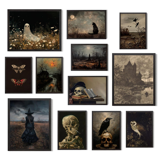 Aroutde 12Pcs Dark Gothic Academia Room Decor Moody Halloween Ghost Canvas Wall Art Vintage Spooky Black Art Poster Landscape Printing For Bedroom Living Room Decor (Unframed)