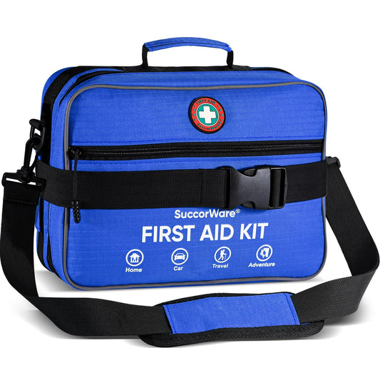 Professional 435 Pieces Large First Aid Kit - Includes Compressed Gauze - Compartments Emergency Medical Kit for Home, Camping, Backpacking, Travel, Boat, Car,Outdoors (Blue)