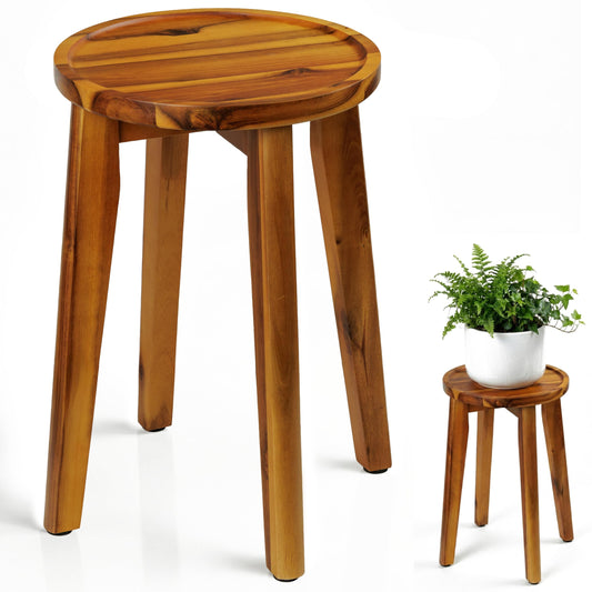 Demigo 15-Inch Tall Plant Stand for Indoor & Outdoor Use, Acacia Wooden Decorative Plant Shelf with Spill-Proof Tray, Flower Holder for Heavy Pots, Gardening Display - Natural Brown