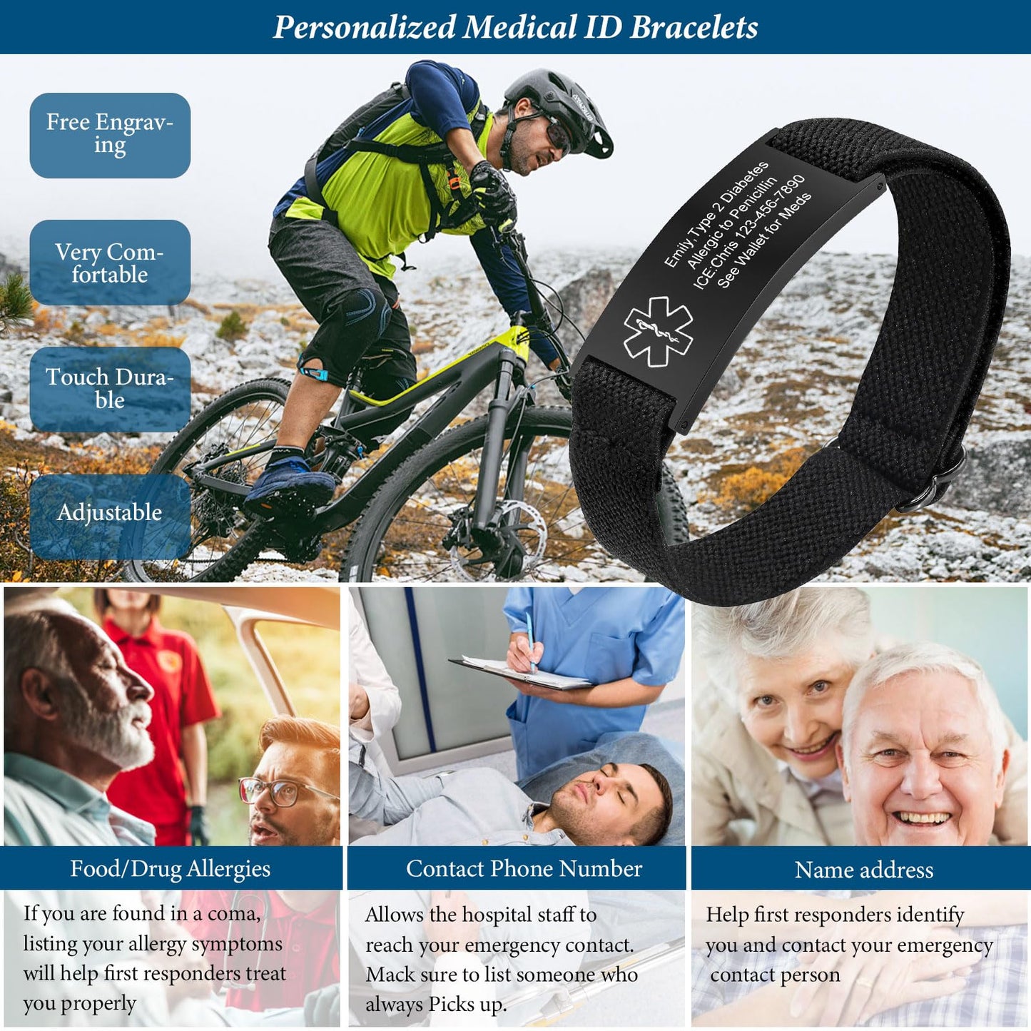 VNOX Medical Alert Id Bracelet for Men, Type 1 Diabetes Medical Alert Bracelets for Men Patients Stainless Steel Emergency Bracelets Wristband