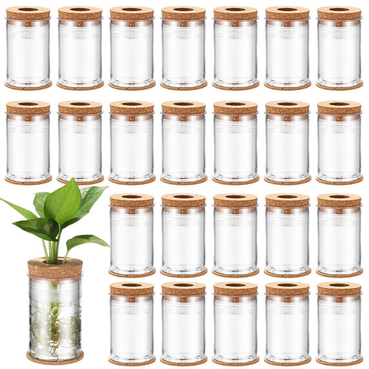 Baderke 24 Packs Plastic Desktop Plant Terrariums Propagation Planter Tabletop Planting Vase with Lid and Cork Plant Coasters for Growing Hydroponic Home Office Table Decoration(Classic Style)
