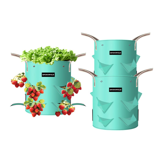 SPONDWILD 3 Pack 15 Gallon Strawberry Grow Bags, Heavy Duty Reusable PE Pots with Breathable Window, Branch & Drainage Holes, Reinforced Handles for Strawberries, Veggies, Flowers, Balcony/Patio Use