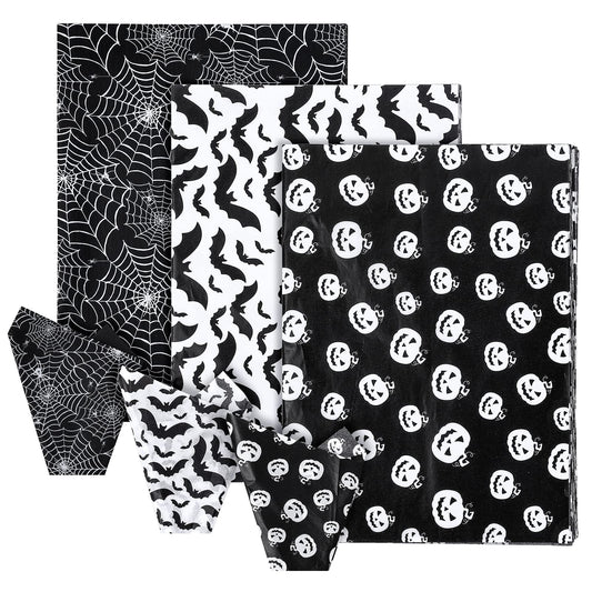 Whaline 120 Sheet Halloween Tissue Paper Black and White Wrap Tissue Paper with Cobweb Bat Pumpkin Pattern Gift Wrapping Paper for Fall Halloween Party Gift Packing DIY Craft, 13.8 x 19.7 Inch