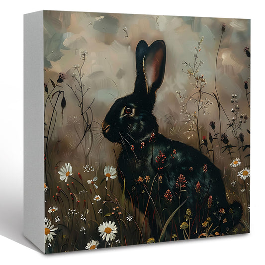 KFXHANGD Vintage Witchy Black Rabbit Wooden Box Sign Desk Decor, Cottagecore Bunny Flower Decorative Signs Decor for Home Bedroom, Dark Academia Bunny Rabbit Floral Home Shelf Desk Decorations 5x5in