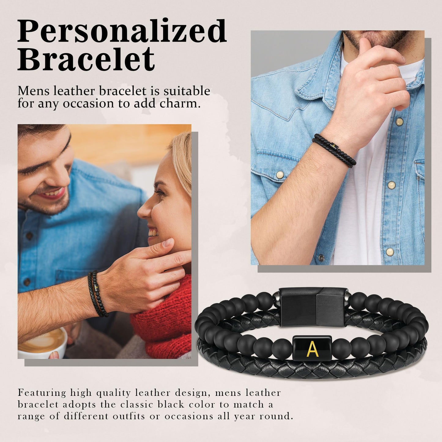 Mens Leather Bracelet with Initial - Men Gift Matte Agate Bead Magnetic Clasp Black Leather Bracelets Mens Gifts Men Bracelets with Initial W Bracelet for Men's Jewelry Men's Gifts for Dad Husband Him
