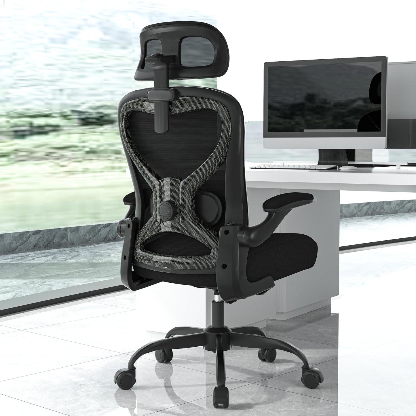 CASASIO Office Chair for Back & Neck Pain Relief, Virgin Foam Seat, 2D Adjustable Lumbar & 3D Headrest, Flip-Up Armrests, Tilt & Rock for Relaxation, Black/Carbon Fiber