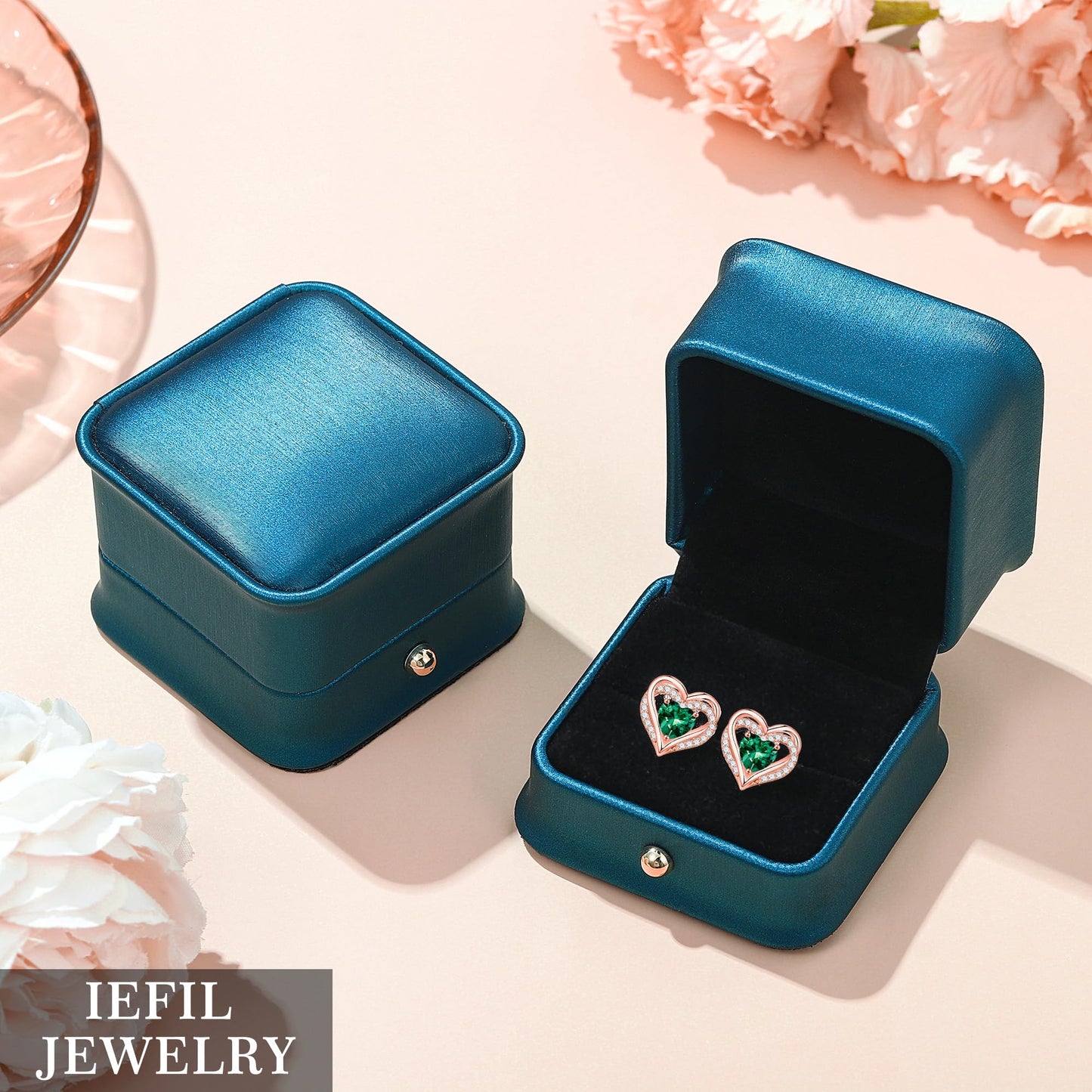 Iefil Rose-Gold-Plated Heart Earrings for Women, December Birthstone Blue Tanzanite Heart Stud Earrings for Women