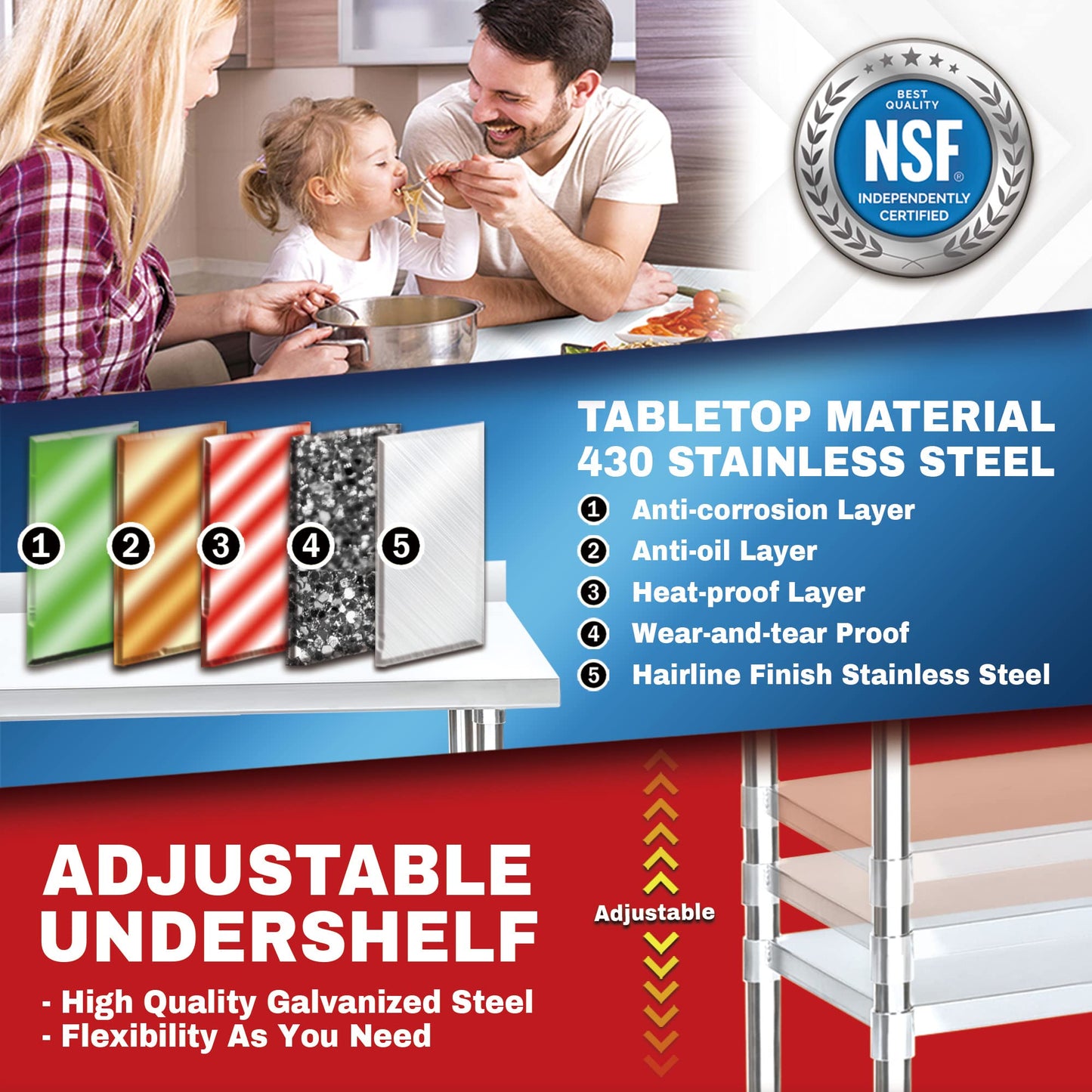 DuraSteel NSF Commercial Kitchen Table - 24 x 48 Inch Cooking Prep Stainless Steel Kitchen Island Workstation w/ Adjustable Under Shelf - Heavy Metal Backsplash Workbench For Restaurant, Home, Garage