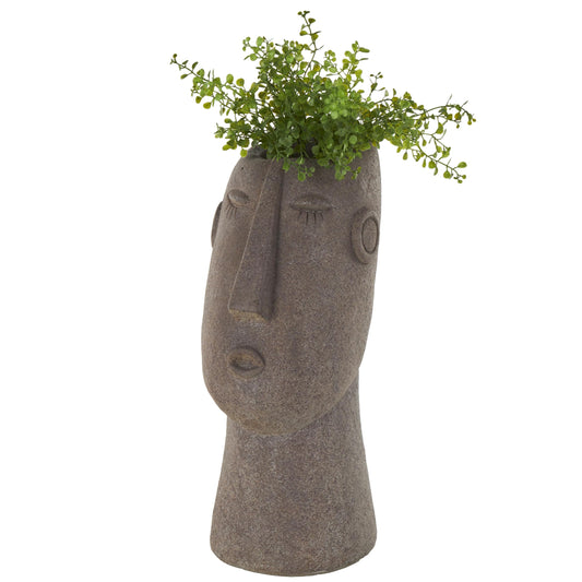 Deco 79 Magnesium Oxide Woman Indoor Outdoor Planter Textured Easter Island Head Large Brown Round Planter Pot, 6" x 9" x 17"