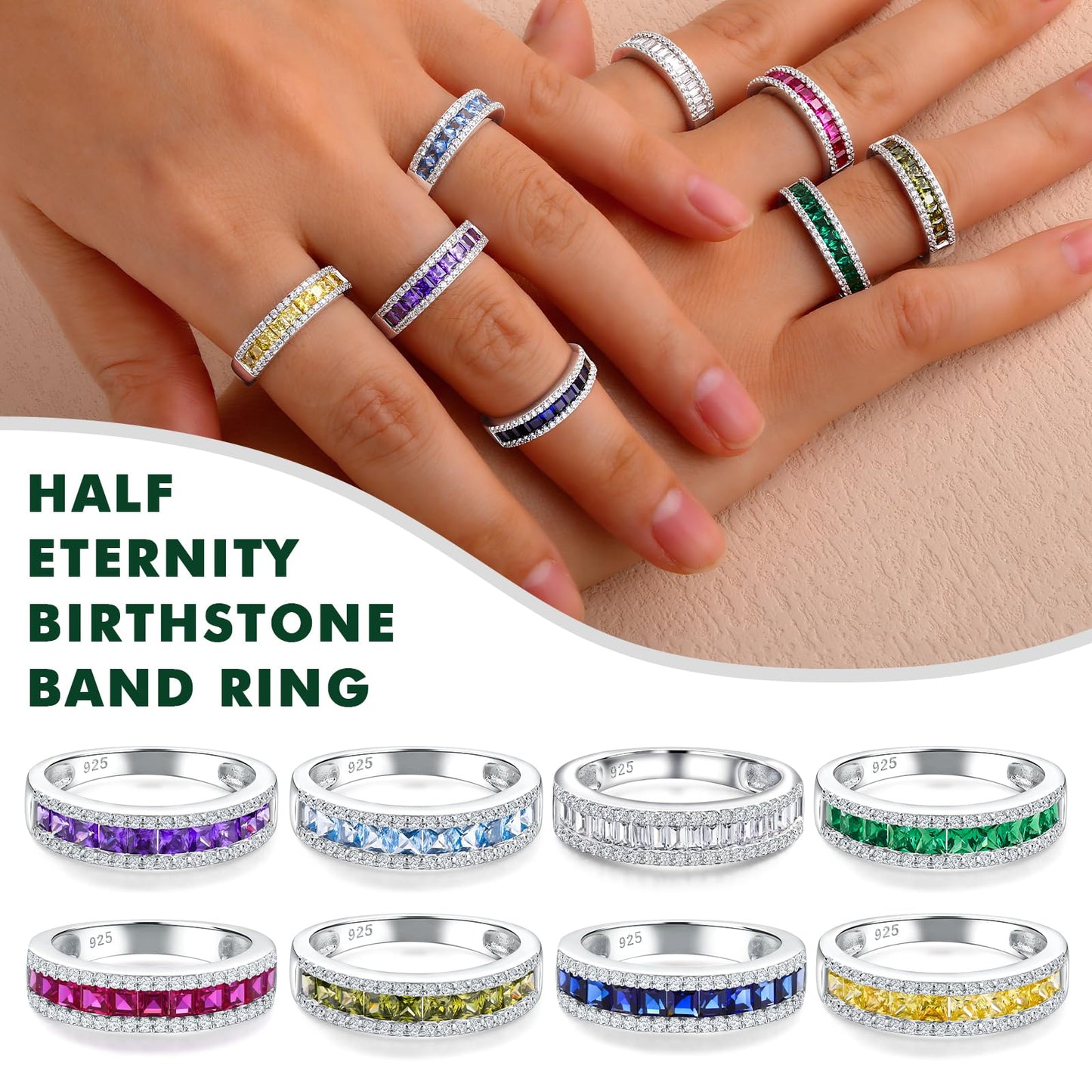 RANDES Amethyst Purple Ring February Birthstone Ring Sterling Silver Band Rings for Women Princess Cut Eternity Band Size 10