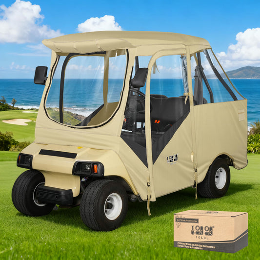 10L0L 4 Passenger Golf Cart Enclosure for Club Car DS (Short Roof 56"), Windproof Waterproof Portable Storage Cover 4-Sided Clear Window & Roll-up Zipper Door - Beige Gray