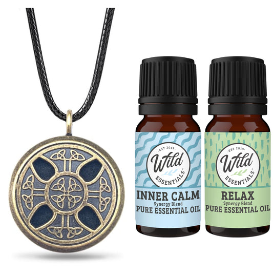 Wild Essentials Celtic Cross Aged Brass Necklace Essential Oil Diffuser Kit, Lavender, Lemongrass, Peppermint, Orange Oils, 12 Pads, Calming Aromatherapy Gift Set, Customizable Color Changing, Perfume