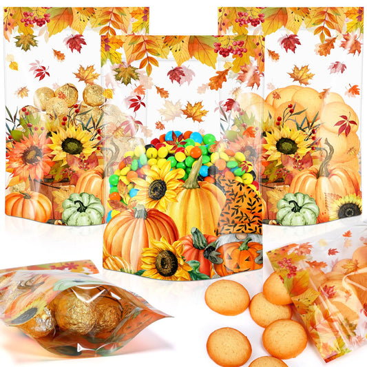 Capoda 100 Pcs Thanksgiving Gift Bags Resealable Clear Fall Treat Bags Maple Leaf Treat Plastic Pouches Pumpkin Favor Pouch for Autumn Harvest Party Candy Small Gift Wrapping Supplies Decoration