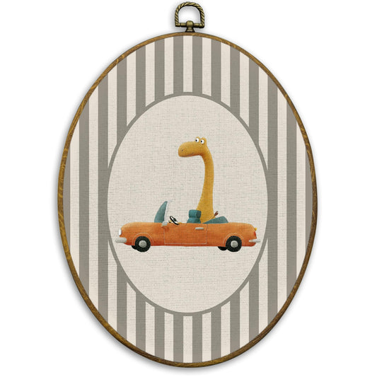 CUANFDDSF Brontosaurus Dinosaur Nursery Oval Wall Art Decor, Kids Room Wall Hanging Decor, Brontosaurus Drive Car Framed Canvas Prints for Kids Boy Nursery Room Bedroom Playroom, 8.6x11.4 Inch