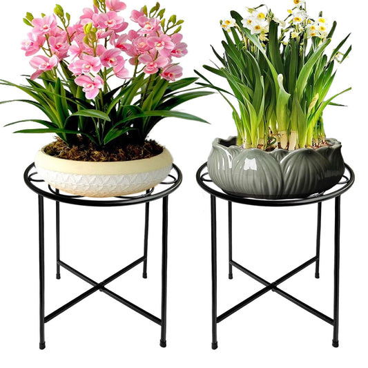 ZEECER Plant Stand, 15'' Tall Plant Stands Indoor Outdoor Set of 2, Retro Design Round Plant Stand, Rust-proof Coated Metal Plant Pot Stand Flower Stands for Indoor Plants Patio Garden Home Decor