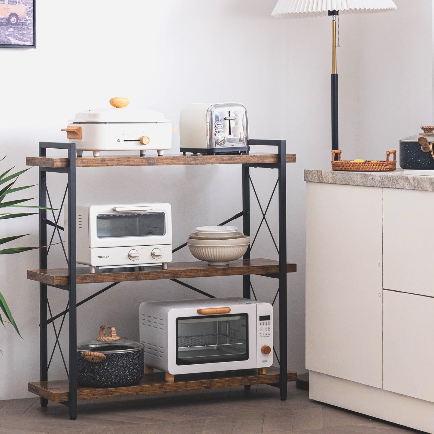 HCHQHS Bookshelf, 3-Tier Industrial Bookcase, Rustic Open Book Shelf, Wood and Metal Horizontal Bookshelves