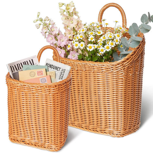 MIPON 2 Pack Handmade Woven Hanging Wicker Basket, Waterproof Plastic Rattan Wall Mounted Organizer, Small & Large Storage Baskets for Bathroom, Kitchen,Entryway,Farmhouse Decor,Flower,Mail, Plant