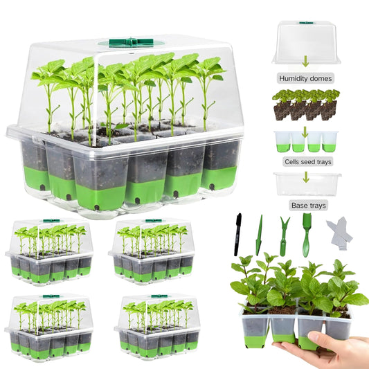 5-Pack Flexible Germination Trays,Reusable 60Cell Seed Starter Trays With Humidity Dome & Lids , Flexible Pop-Out Design, BPA-Free Silicone Seedling Kit & Dishwasher Safe for Herbs/Vegetables/Flowers