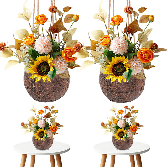 AuroraTurn 4 PCS Handmade Coconut Planters for Centerpieces, Coconut Flower Vase Rustic Planter Pots for Garden Party Wedding Window Home Farmhouse Christmas Table Decor