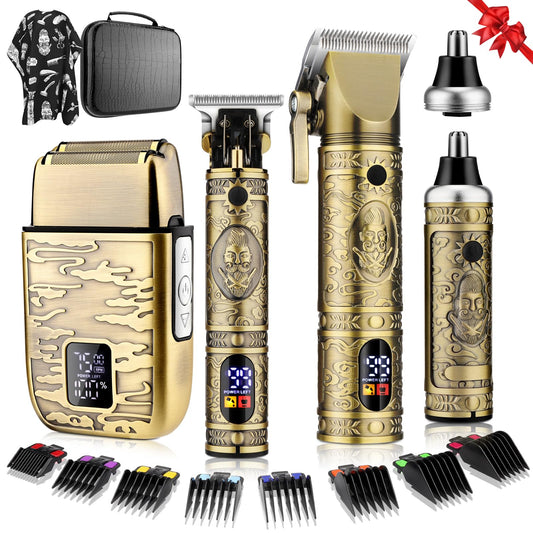 QREEYX Hair Clippers for Man T-Blade Trimmer Nose Hair Trimmer Electric Shaver Set, Professional Metal Body Barber Clippers Set for Haircut, Men’s Grooming Kit with LCD Display, Ideal Gift for Him