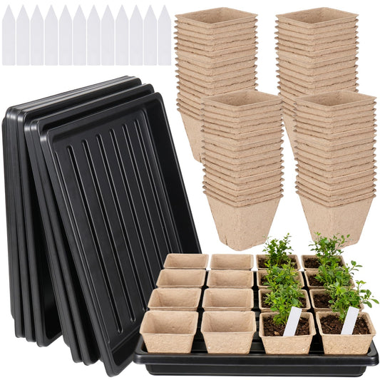 Zoketriton 100 Pcs Square Nursery Pots with Drain Holes and 6 Pcs Plastic Plant Growing Trays and Plant Labels, Seed Starter Kit Propagation Tray Seed Starting Pots for Seedling Plant Growing