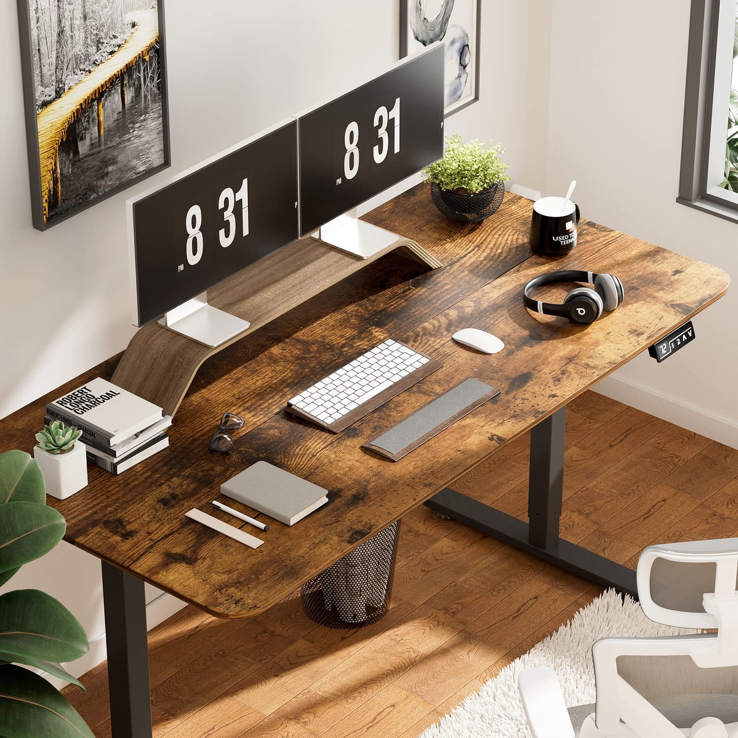 YESHOMY Height Adjustable Electric Standing Desk, 55 inch Computer Table, Home Office Workstation, Black Leg/Rustic Brown Top