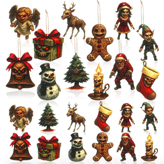 Beeveer 24 Pcs Horror Christmas Ornaments Wood Halloween Hanging Ornament with Rope Folklore Christmas Tree Ornaments for Xmas Holiday Xmas Tree Party Decoration