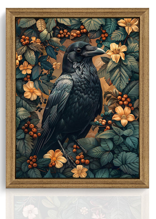 ICHZUMW Gothic Raven Decor Canvas Wall Art, Victorian Crow Pictures, Vintage Dark Academia Moody Floral Poster, Framed Cottagecore Wall Decor for Bedroom Living Room, 8x10in