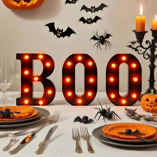 Halloween LED Marquee Letters “BOO” Set - 3 Pcs Black Alphabet Lights with Orange Glow, Perfect for Halloween, Christmas,Birthday Party, Bar Decor, Battery - Operated Ambience Lamps