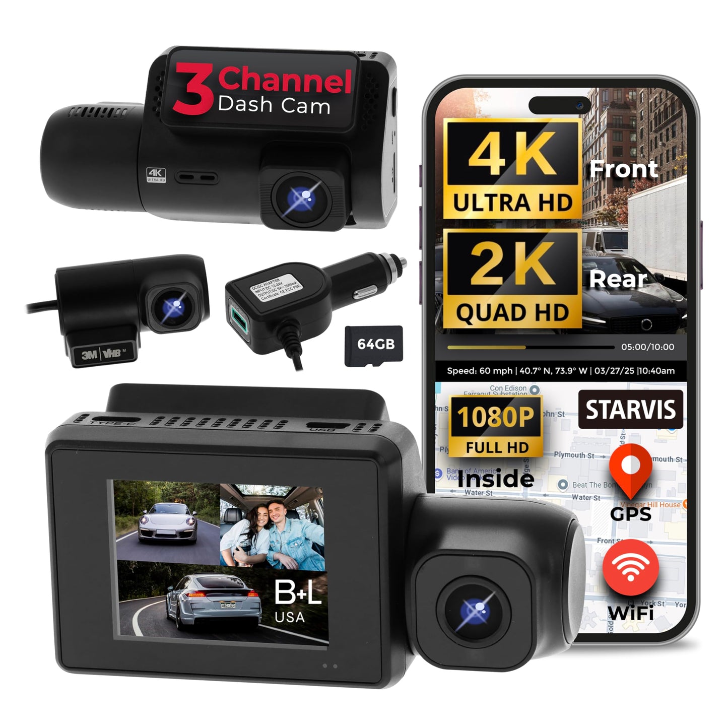 B+L USA 4K Premium 3 Channel Dash Cam with Sony STARVIS IMX Sensors 4K Front + 2K Rear + 1080P FHD Inside Dash Camera for Cars, Night Vision, WiFi, GPS, G-Sensor Safety, Free MicroSD 64GB Card
