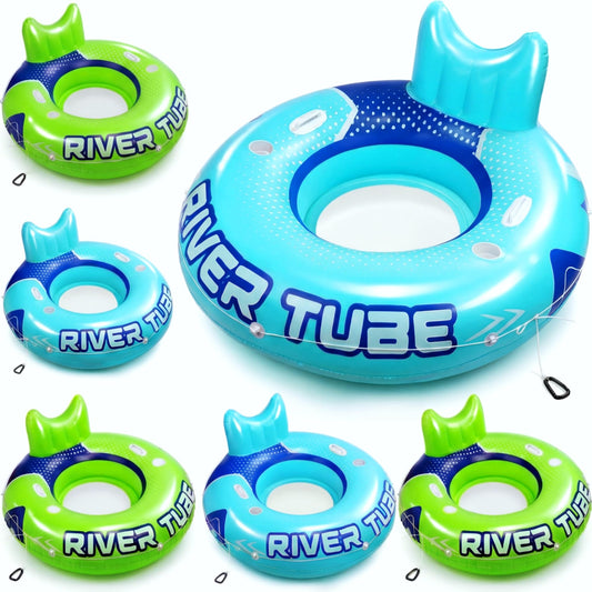 Glimin 6 Pcs Green Blue 53" Heavy Duty River Tube Float Inflatable Pool Floating Tube for Adult Large River Raft Water Chair Lounger with Mesh Bottom Backrest 2 Cup Holders and Handles, Holds 300lb
