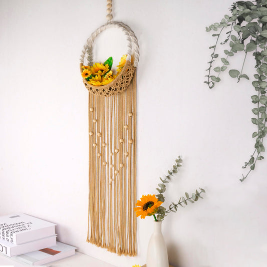 LB Brown Macrame Wall Hanging Holder, Bohemian Macrame Wall Art for Bedroom,Boho Handmade Woven Hanging Plant Shelf Toy Displays Organizer for Living Room Nursery Office 9.84" W x 35.43" L