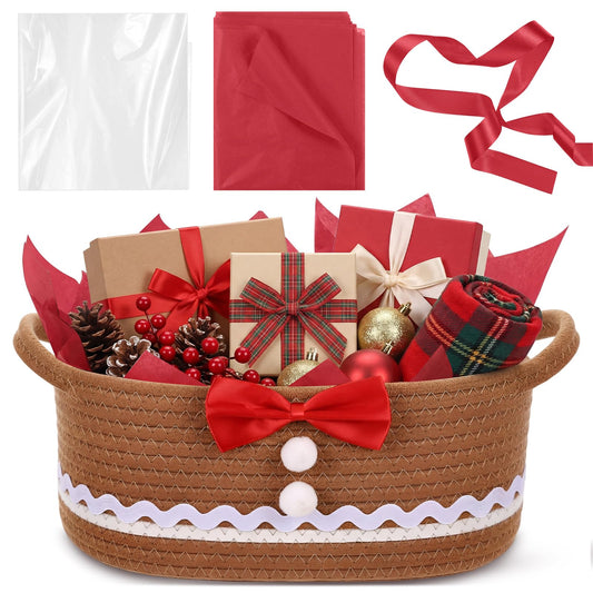 Zopeal Valentine's Day Woven Basket with Gift Bag, Ribbon and Red Tissue Paper Gingerbread Man Woven Bin Empty Shelf Basket Holiday Decorative for Xmas Gifts, 12 x 8 x 5 Inch