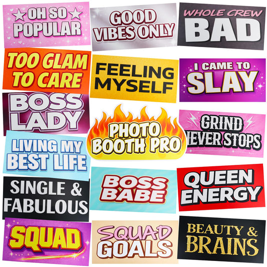 AOGROWTH 16 Designs Fun Photo Booth Props 11x5.5 Inch Selfie Signs Funny Photo Booth Props for Party Supplies Water Proof PVC Signs Party Supplies