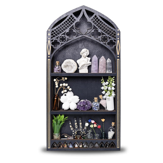 Gothic Window Crystal Shelf Display for Wall, Wooden Gem Stone Rock Storage Holder Trinkets Organizer, Wall Mount Stand Case Box for Witch Wiccan Decor, Spiritual Gift for Home Bedroom Living Room
