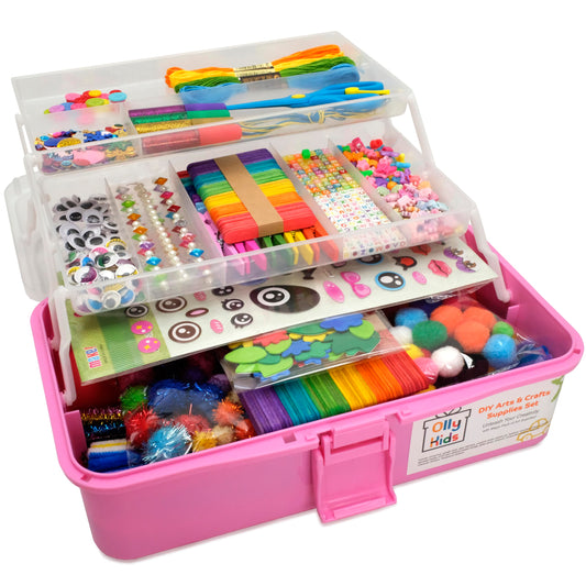 Olly Kids Arts and Crafts Supplies for Kids Girls 4 5 6 7 8 9 10 11 & 12- Ultimate Crafting Supply Carboodle in Portable 3 Layered Plastic Art Box